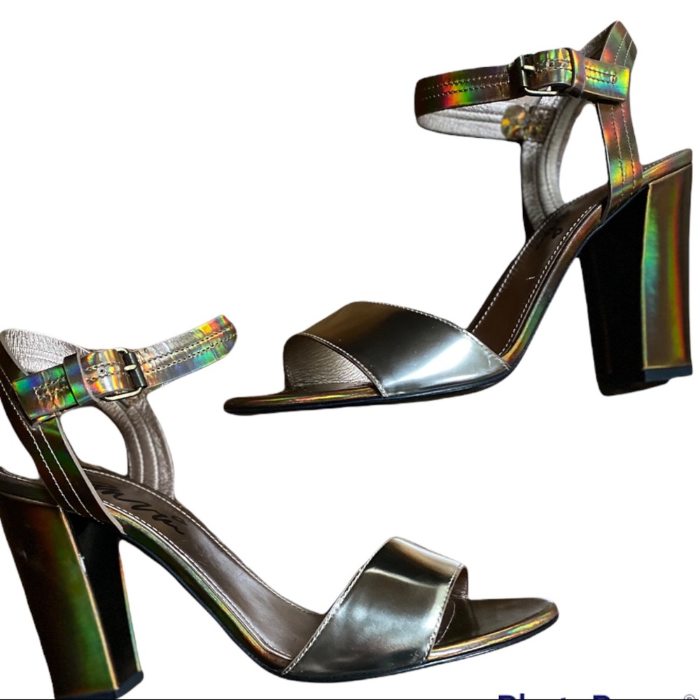 Lanvin Gold Iridescent Strap Block Heeled Shoes Size 9.5 Incredible Condition